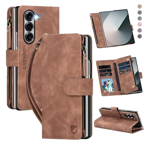 CAESBON for Samsung Galaxy-Z-Fold-6 Wallet Case: with RFID Blocking Card Slots (6 Cards) & Hidden S Pen Holder | Soft PU Leather Magnetic Snap Zipper Wrist Strap Protective Phone Cover - Brown