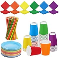 240Pcs Colorful Party Paper Plates, Colorful Rainbow Tableware Set, Paper Plates, Cups, Napkins, Straws,Party Supplies Pack for for Holiday Wedding Birthday Decorations