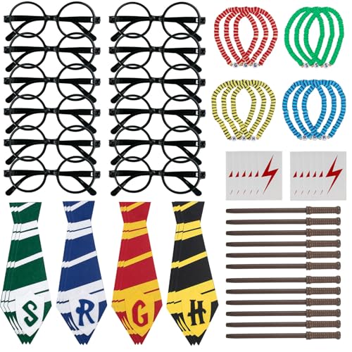 CIXICM 60 Pcs Wizard Party Favors Supplies Wand Pencils Wizard Glasses Bracelets Lightning Stickers Cosplay Tie Magic Birthday Party Favors Classroom Prizes Rewards Gifts