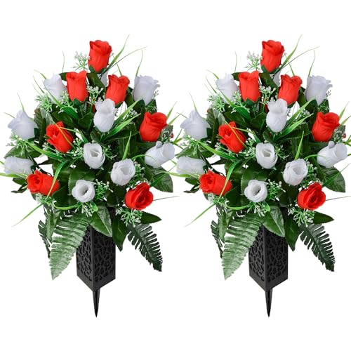 SIFOEL Set of 2 Artificial Grave Memorial Flowers Cemetery Flowers Rose Bouquet with Vase for Cemetery Graveyard Headstones Decoration (Red&White-24H)
