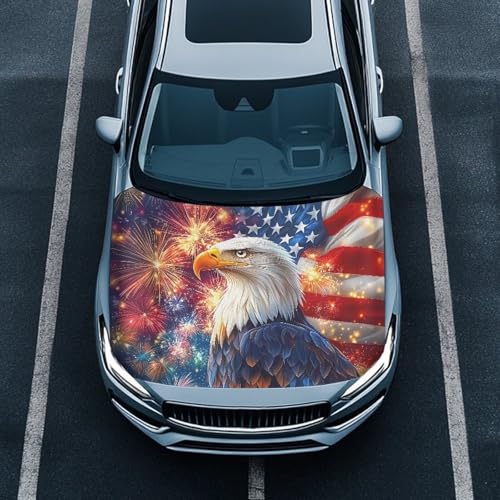 Image of Eagle American Flag Fireworks Car Hood Cover All Weather Protection Automotive Exterior Accessories Universal Fit Hood Covers for Cars, Trucks, SUV, or Van, 4th of July Decor