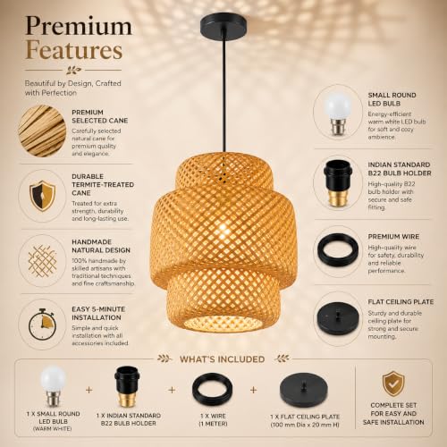 Image of Bamboo Lamp shade | Pendant Lamp | Boho Lamp Shade|Cane Lampshade | Rattan Lamp Shade | Bamboo Hanging Lamps Pendant Light for home office decoration Color-Beige,(Diameter 30 CM, Height 35 CM)