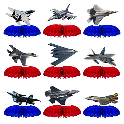 Image of 9 Pcs Air Force Party Decorations Supplies Top Air force Gun Honeycomb Table Centerpieces Cutouts for Aircraft Fighter Jet Party Birthday Aviation Plane Theme Party Supplies