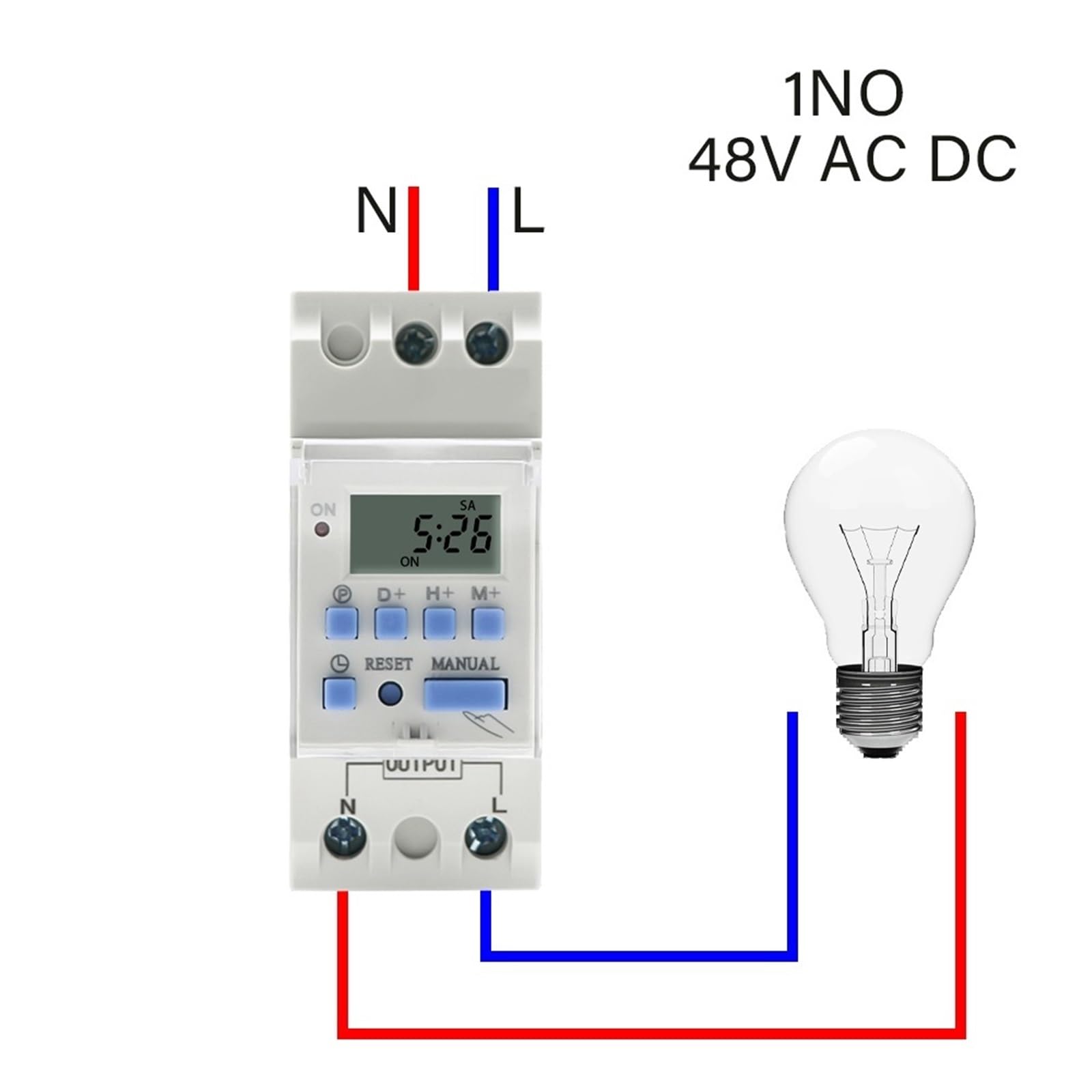 2 Cables semanales 7 días programable Digital Time Switch relé Temporizador Control AC 220V 230V 12V 24V 48V 16A 1 Uds(15a,1NO 48V AC DC)