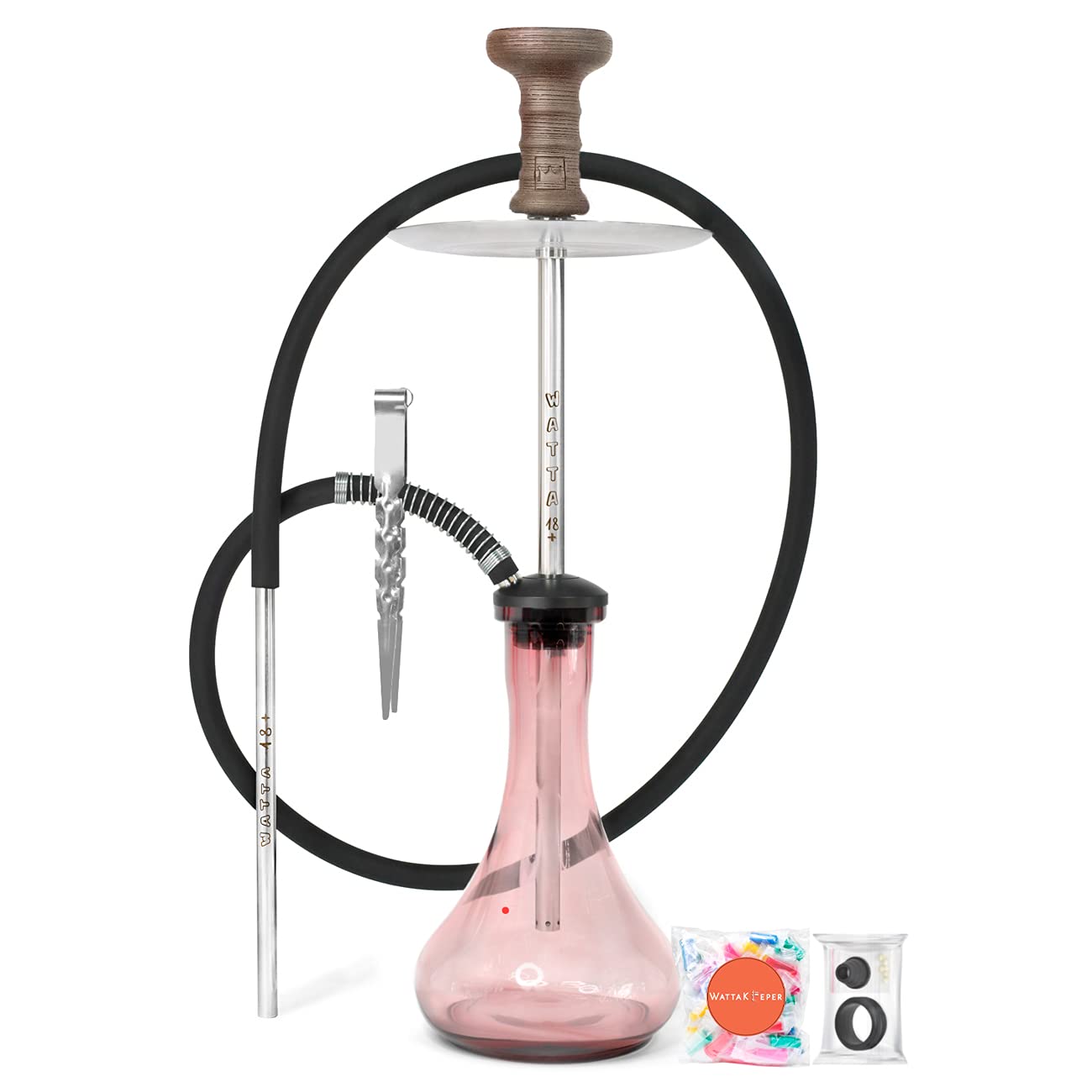 Set completo: Hookah de acero inoxidable "Watta 18+", jarrón de cristal, cabezal para shisha de arcilla, pinzas para shisha, boquilla para shisha WattaKeeper (WAT19P67)
