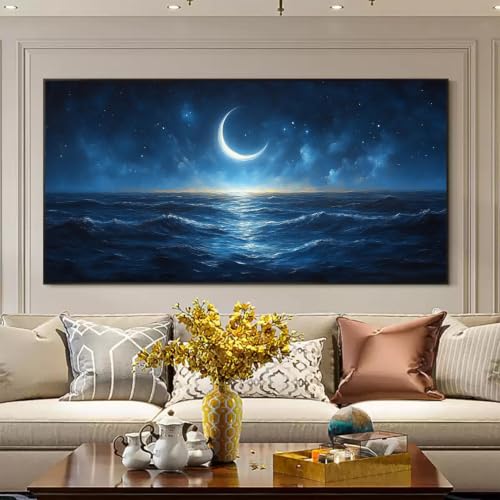 Pintura al óleo abstracta de paisaje marino con olas del océano azul en lienzo de 20x40cm 4