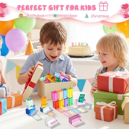 Image of Meooeck 16 Pcs Rainbow Rectangular Acrylic Blocks, Translucent Colored Gem Blocks Building Stacking Sensory Train Prims Toys for Toddler Kids Montessori School Classroom Supplies