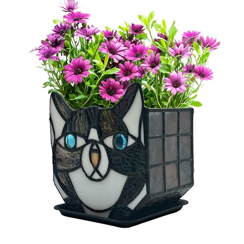 Entlityful Tiffany Cute Cat Stained Glass Flower Pots,Indoor and Outdoor Plant Displays,Black Cat Plant Planter,Candle Holder Container Decoration 4.6 x 5.15 x 3 inch(Without Succulents)