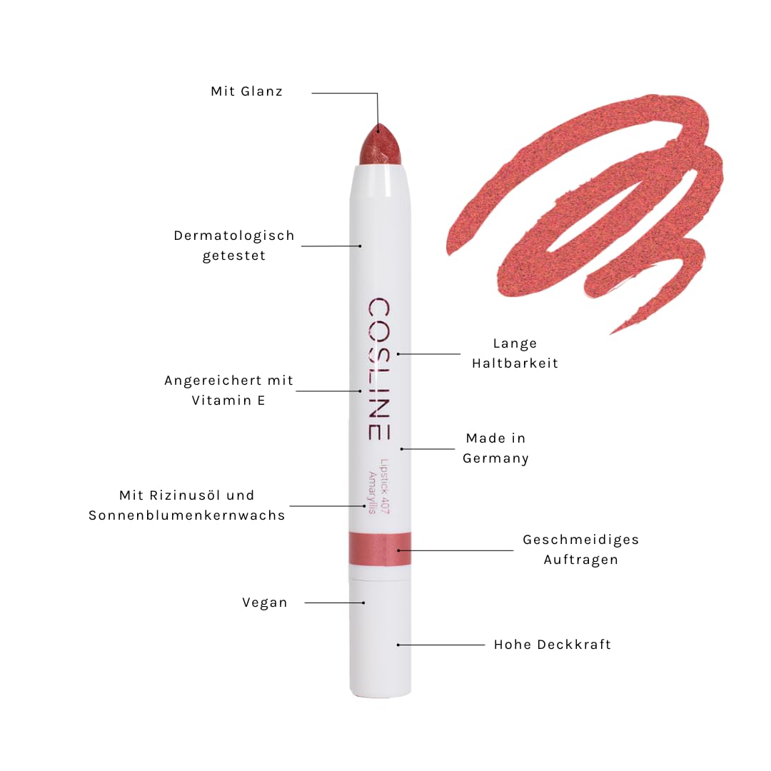 COSLINE Lippenstift Amaryllis 407, Frischer Rotton Mit Glanz, Hohe Deckkraft, Pflegend, Vegan, Made in Germany