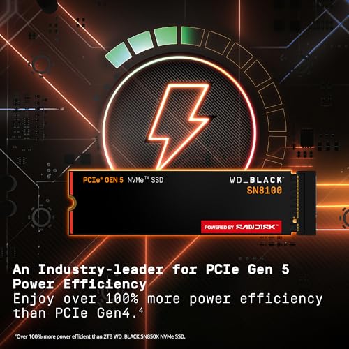 WD_BLACK SN8100 PCIe Gen 5, NVMe SSD 2 to (Jusqu'à 14 900/14 000 Mo/s Vitesses de Lecture/d’écriture séquentielle, M.2 2280, Next Gen TLC 3D CBA NAND, Jusqu'à 1 200ToW) Powered by SANDISK