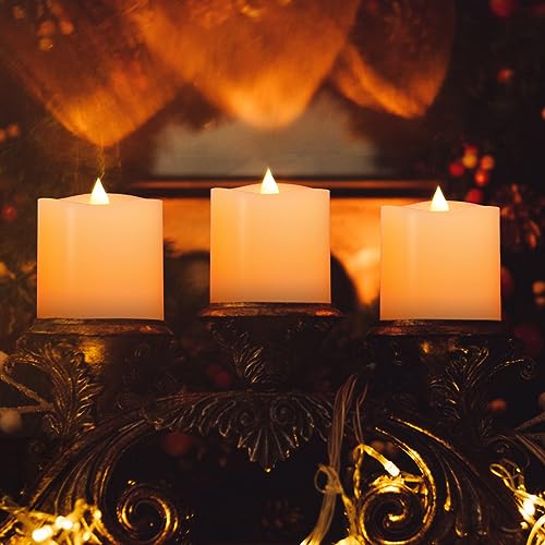 Image of 3x3 Flickering Flameless Candles Set of 3, 2AA Battery Life 600 Hours Battery Candles Flickering with Timer,3 inch Flameless Candles with Remote for Indoor /Outdoor, Ivory