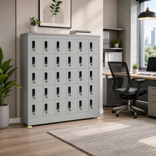 Image of Amazon Brand - Solimo 30-Door Mobile Locker Cabinet Lockable Heavy-Duty Steel Cabinet Compartments for Phones Wallets & Valuables Ideal for Office, School, Gym, Warehouse (Grey)