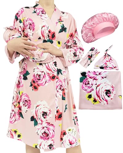 Image of WINROLA Maternity Robe with Matching Swaddle Soft Mommy Robe Receiving Blanket Set…