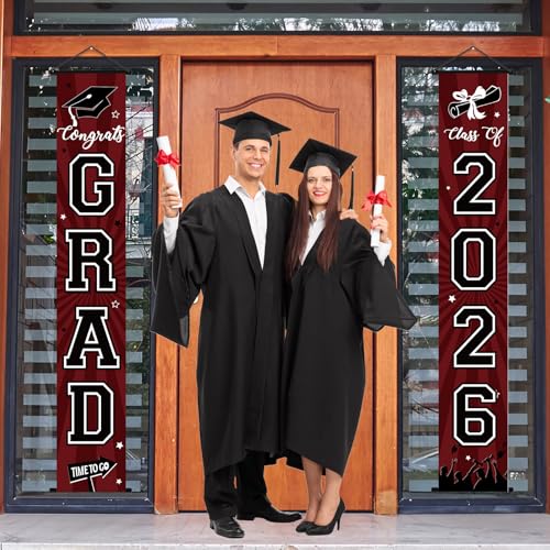 Image of Graduation Banner 2026 Graduation Decorations Maroon and Black Grad Banner Porch Sign Class of 2026 Door Decor Congrats Hanging Backdrop Maroon Grad Party Decor for School Congratulations Supplies