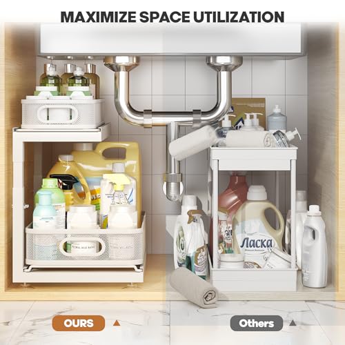 Image of 2-Pack Under Sink Storage Organizer with 2-Tier Slide Out Drawer, Sophisticated Mesh Pull Out Shelf for Kitchen & Bathroom, Fits Small Items, Upgraded Arched Track for Smooth Gliding(Patented)