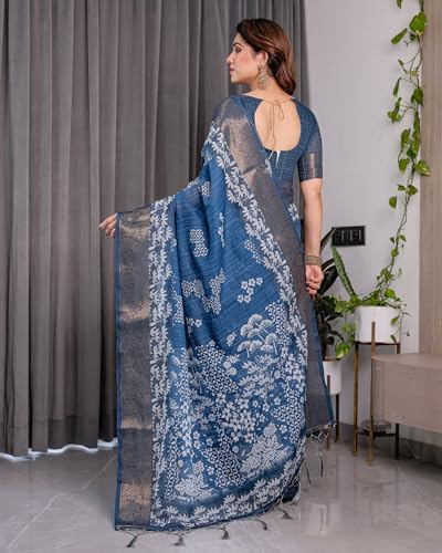 Image of ALMAARI FASHION Handloom Cotton Linen Saree for Women with Floral Printed Design and Tassel Pallu, Traditional Ethnic Lightweight Saree for Daily Office Festive with Blouse Piece