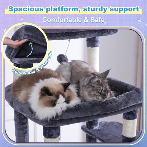 Image of Hey-brother Cat Tree Tower, Scratching Posts with Extra Large Platform and Basket, Specious Condo, 2 Cozy Hammocks, Scratch Board for Indoor Adult Cats, Maine Coon 71.7 inches, Smoky Gray MPJ080G