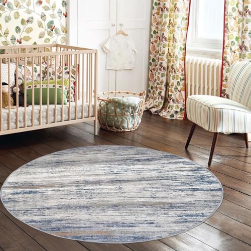 KOZYFLY Modern Abstract Circle Rug 3Ft, Washable Kitchen Round Rug Non-Slip Soft Small Bathroom Rug, Grey-Blue Striped Entryway Rugs Faux Wool Doormat for Bedside Entrance Bedroom Sink