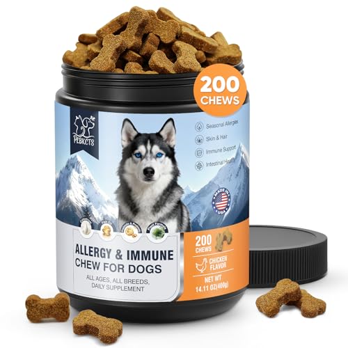 Dog Allergy Chews 200 Treats, Allergy & Itch Skin Relief Omega 3 Fish Oil Probiotics for Seasonal All Issues Allergies Skin & Hair, Gut, Immune Support-All Ages & Sizes Dogs Made in USA Chicken Flavor