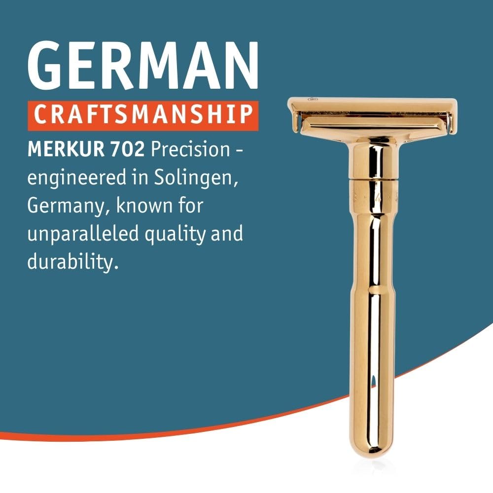 MERKUR FUTUR 702 Adjustable Double Edge Safety Razor - 18k Gold Plated Shine, Adjustable Razor With Dial, Made in Germany, Plastic-Free, Snap-On Cap Design, Straight Bar 2