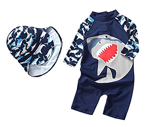 3D Cartoon Shark Rash Guard Swimsuit Baby Boys Girls One-Piece Sun Protection Long Sleeve Swimwear Bathing Suit (18-24M, Navy Blue)