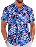 ELETOP Men's Hawaiian Shirt Quick Dry Tropical Aloha Shirts Beach Holiday Casual Shirts Flamingo Blue F040 XL
