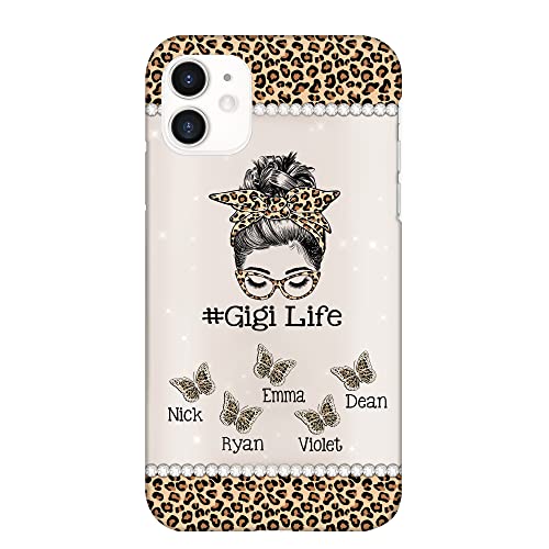 Dily Pod Personalized Leopard Messy Bun Gigi Life Phone Case, Custom Gigi and Kids Name Hair Phone Case, Mothers Day, Birthday Gift for Mom Grandma Grandmother Mommy, Cell Phone Basic Case Cover