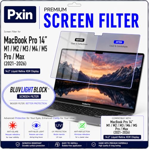 Image of Pxin GlareX Filter compatible with 14 Inch Mac book Pro | Anti Blue | Anti Glare | Anti Reflex | UV Block | BLUVLIGHTBlock & OptiX Layer