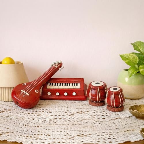 Image of Classic Terracotta Clay Miniature Musical Instruments Combo | Handmade Clay Tabla Veena Harmonium Showpiece for Home Decor, Return Gift, Table Decoration, Indian Handicraft