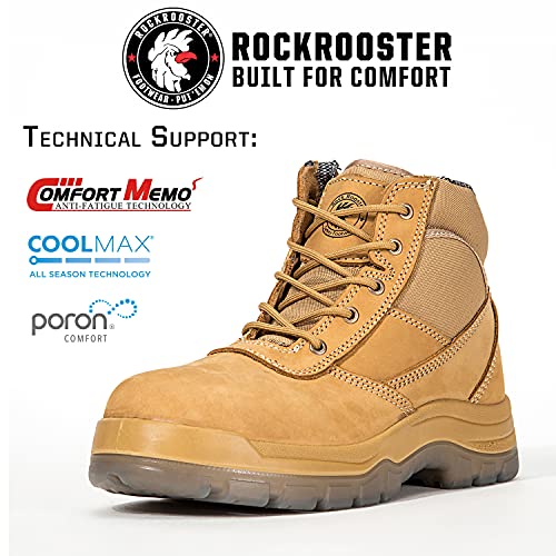 ROCKROOSTER Mens Work Boots, 6 inch Steel Toe Side Zipper Safety Wheat Black Slip Resistant Work Boot, TPU Outsole Breathable Leather Shoes, ASTM F2413-18 Static Dissipative SD (AK050 & AK050BK)2