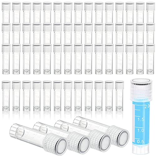 ZENFUN 200パック 2ml 実験室用冷凍試験管 プラスチックスクリューバイアル キャップ付き 目盛り付きバイアルシールキャップ 実験室用小型凍結試験管