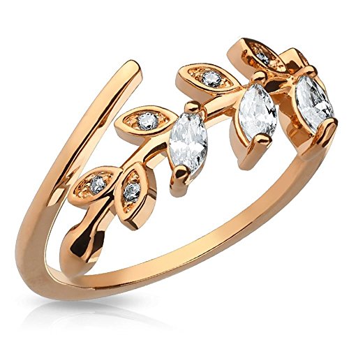 Bungsa Rosegold - Kristall Blätter Zehenring Zirkonia Brass Rhodium für Damen (Zehring Fussschmuck Fussring Toe-Ring Nail Nagelring biegbar verstellbar)