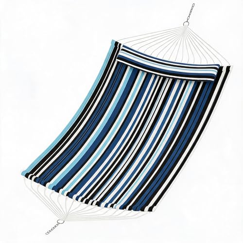 Hamaca Doble para 2 Personas, con Barra De Separación Curvada, Almohada Extraíble, Bolsillos De Almacenamiento y Mosquetones, Capacidad De Carga De 204 kg Rayas Azules Claras y Oscuras