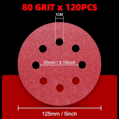 120 Stück Schleifpapier 125mm Klett 80 Körnung Schleifscheiben für 8 Loch Rund Exzenterschleifer Schleifen Holz Metall und Farbe