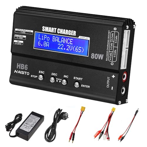 Haisito Lipo Chargeur Équilibreur 80W 6A pour Batterie LiPo/Li-ION/Life (1-6S) et NiMH/NiCd (1-15S), Chargeur RC avec écran LED, Bloc d'alimentation et...