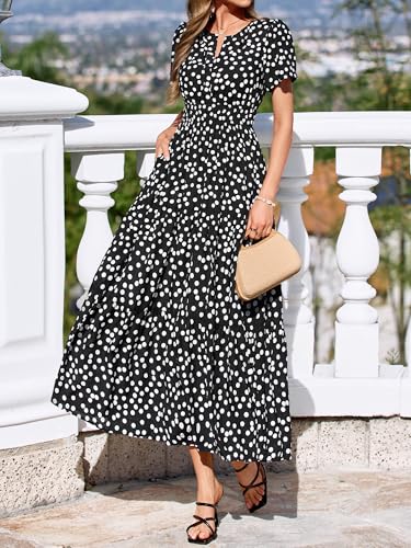 Image of BTFBM Womens Summer Floral Maxi Dresses V Neck Short Sleeve Boho Casual Flowy Long Wedding Guest Dress Beach Vacation