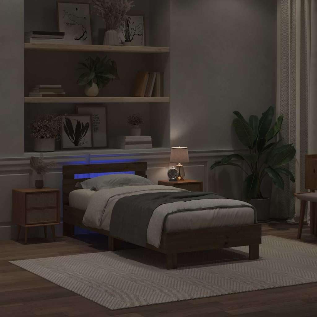 vidaXL Bettrahmen mit LED Artisan-Eiche 90 x 200 cm Holzwerkstoff, Bettmöbel, Holzrahmen, rechteckig, Lattenrost, modernes Design, einfach schick