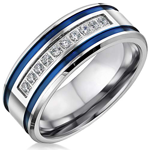 Mens Wedding Bands Stainless Steel CZ 8mm Blue Stripes Engagement Rings for Him Men Wedding Jewelry (Size 9)