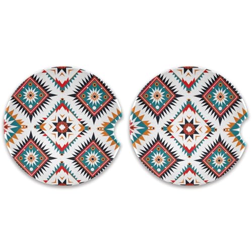 SKYSHU Aztec - Juego de 2 posavasos redondos para automóvil, para bebidas, de cerámica, absorbente, con base de corcho y agarre para la punta de los dedos para una fácil limpieza en movimiento, 6,5 cm