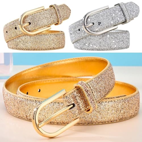 Vintage Retro Trouser Dress Belts Gold Silver Waist Strap Glitter Leather Belt Pin Buckle Waistband(115cm,gold)4