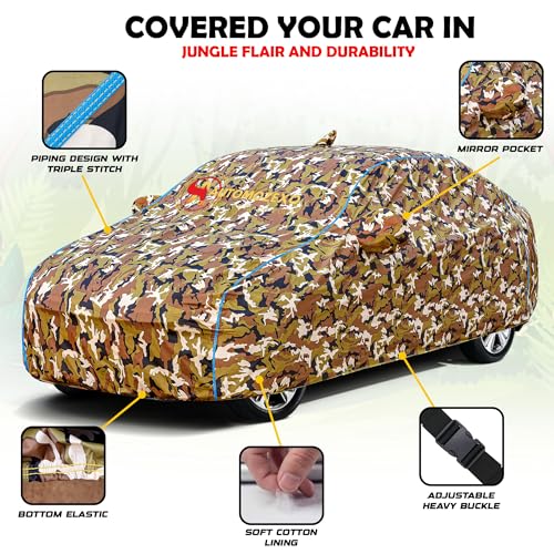 Image of Tata Altroz 100% Waterproof Car Cover for All Weather Protection with Mirror & Antena Pocket Inner Cotton Triple Stitched Cover with Adjustable Belt Bottom Elastic to Secure Fit -Jungle