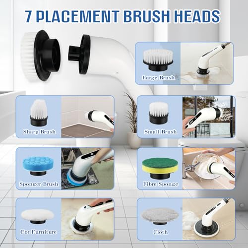 Cepillo Electrico Limpieza Hogar Kit, Escoba Limpieza Fregadora Electrica, con 7 Cabezales de Cepillo de Repuesto, Power Scrubber con Mango Ajustable, para Baño, Suelo de Baldosas, Coche - imagen 6