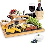Bamboo Cheese Board and Cutlery Set with Slate Centerpiece and Cheese Markers, 16X13 Inchs Charcuterie Board, Cheese Platter, Cheese Plate and Cheese Tray, Gifts for Thanksgiving, Christmas, Wedding