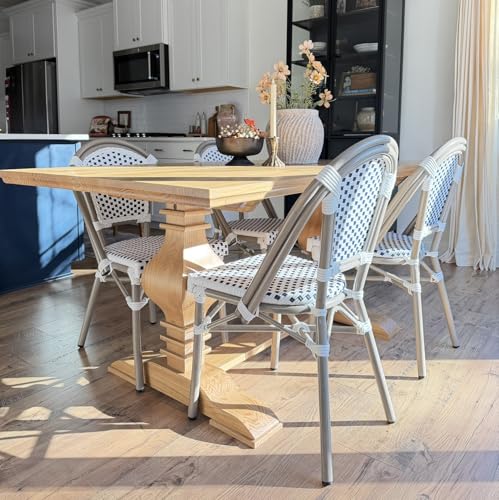 Image of PURPLE LEAF Outdoor Dining Chair Set of 2 Patio French Aluminium Frame in Champagne Finish with Sky Blue & White Woven Rattan for Indoor Kitchen Deck Bistros Cafe Restaurant