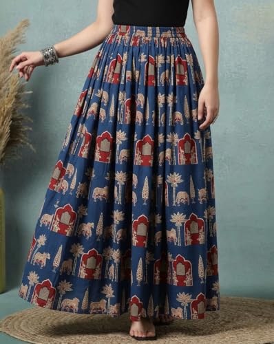 Image of Women's Floral Print Maxi Skirt, Maroon Red, 100% Pure Cotton, Elastic Waist, Full Length, Breathable Fabric
