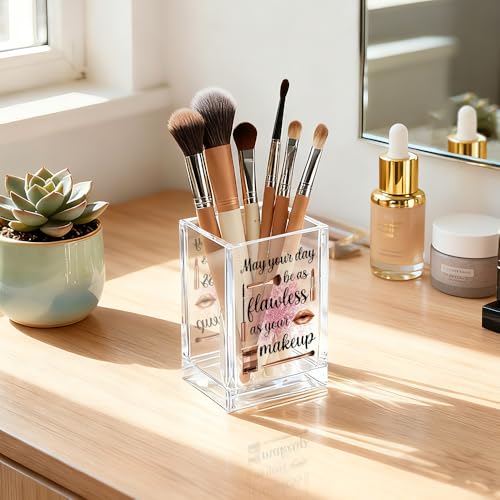 Image of May Your Day Be As Flawless As Your Makeup Acrylic Cosmetic Holder, Funny Makeup Brush Holder Gifts for Cosmetologist Women Girls, Bathroom Vanity Storage for Make up Brushes