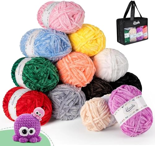 ilauke 12x50g Fil Chenille Doux,Pelotes de Laine et Fils pour Tricot et Crochet,Kit de Pelote...