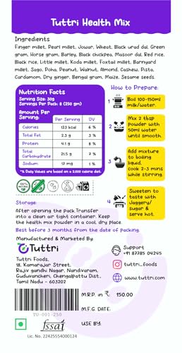 Image of Tuttri Homemade Health Mix Powder for Kids, Adults & Elderly | 28 Natural Multi-Millet, Nuts & Grains | No Preservatives, Zero Added Sugar | Sathu Maavu Health Drink Mix - 250g