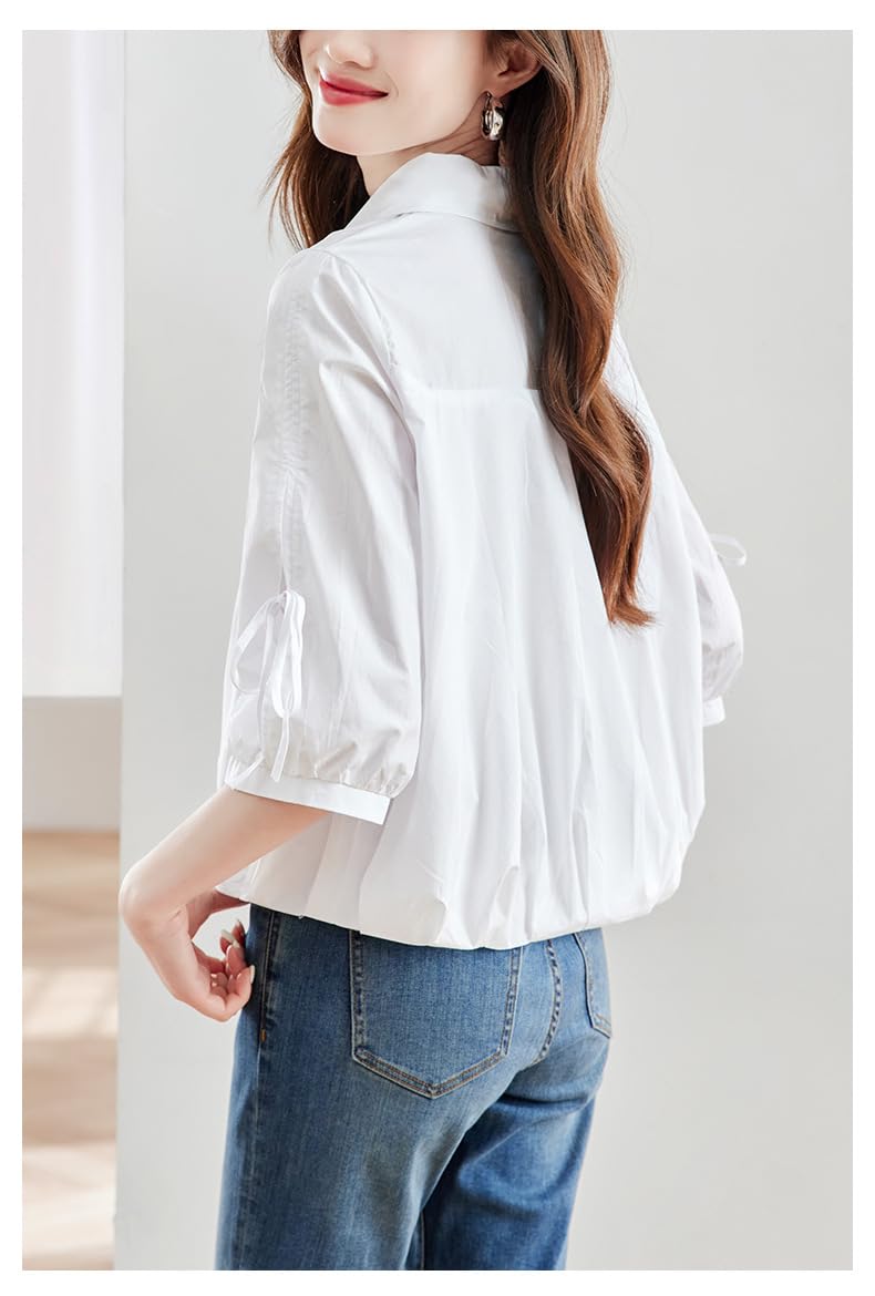 Blusa Tipo Túnica De Algodón De Manga Corta con Botones Y Solapa Transparente De Color Blanco Liso para Mujer, Estilo Informal, Holgada, Ideal para El Trabajo Diario.