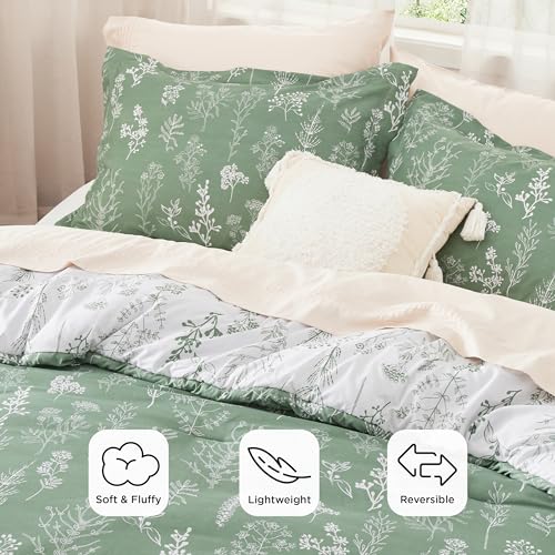 Image of Bedsure King Comforter Set - Green Bed Set, 3 Pieces Cute Floral Bedding, 1 Soft Reversible Botanical Flowers Comforter and 2 Pillow Shams